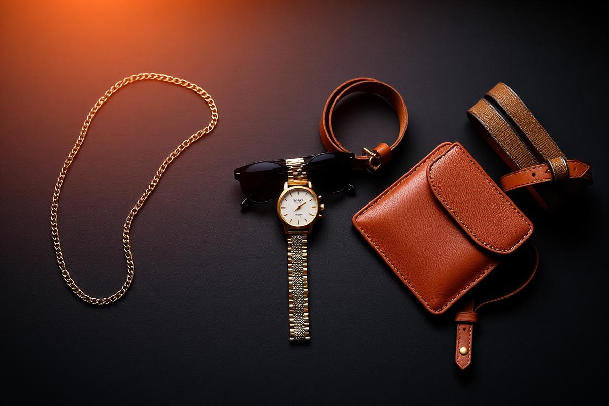 A flat lay of accessories including sunglasses, a watch, chain necklaces, a cap and a crossbody bag.