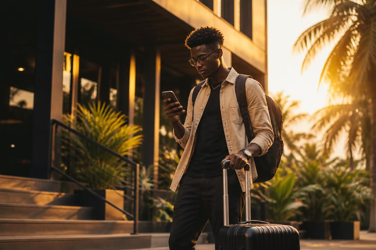 A young Ghanaian university student with a suitcase outside a modern hostel at golden hour, checking room listings on a smartphone.