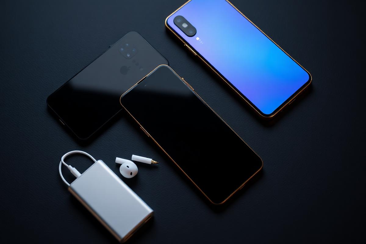 Several affordable smartphones laid out on a desk beside earbuds and a charger, ready for a student budget comparison.