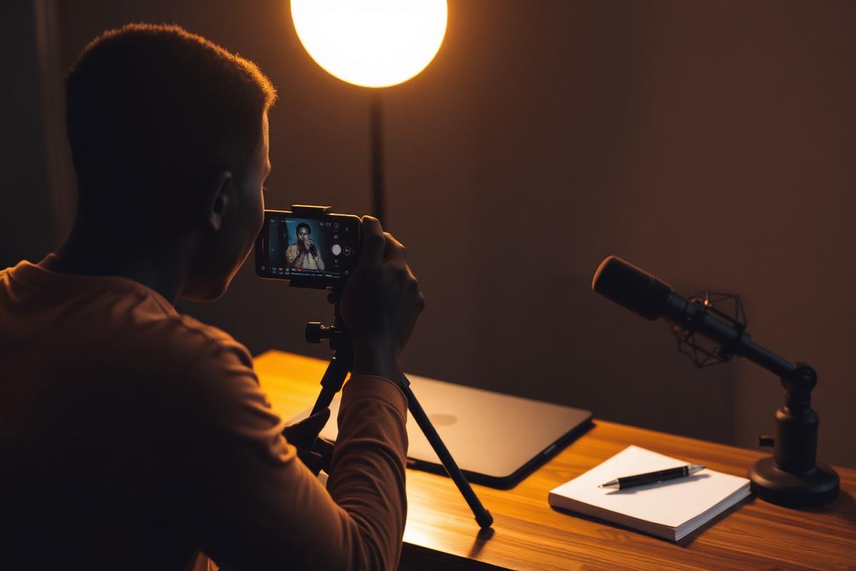 A creator kit with a smartphone on a tripod, ring light and microphone set up for filming student content.