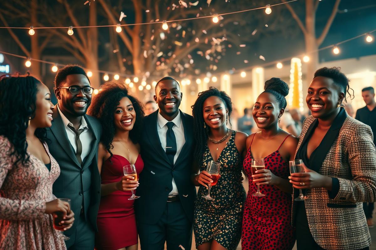 Young Ghanaians dressed in festive December party outfits under warm night lights during the Detty December season.