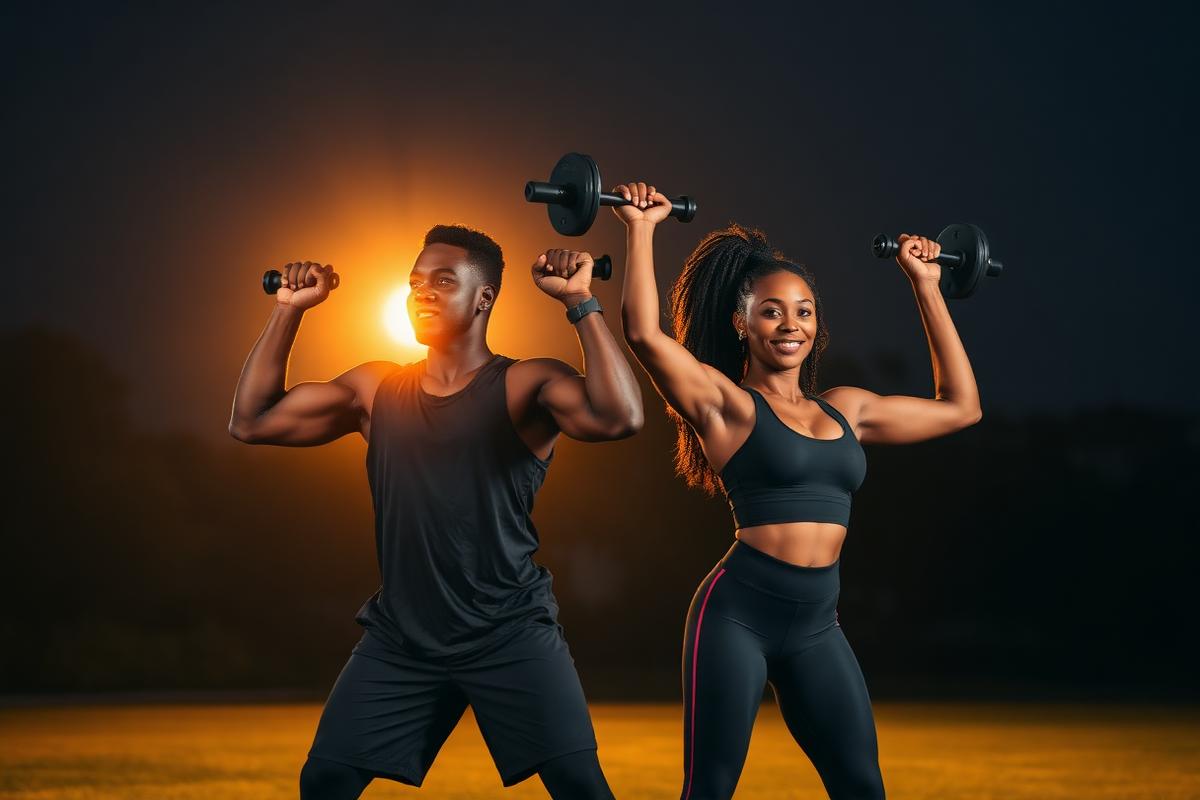 A young Ghanaian student in gym wear training with weights in a campus fitness room.