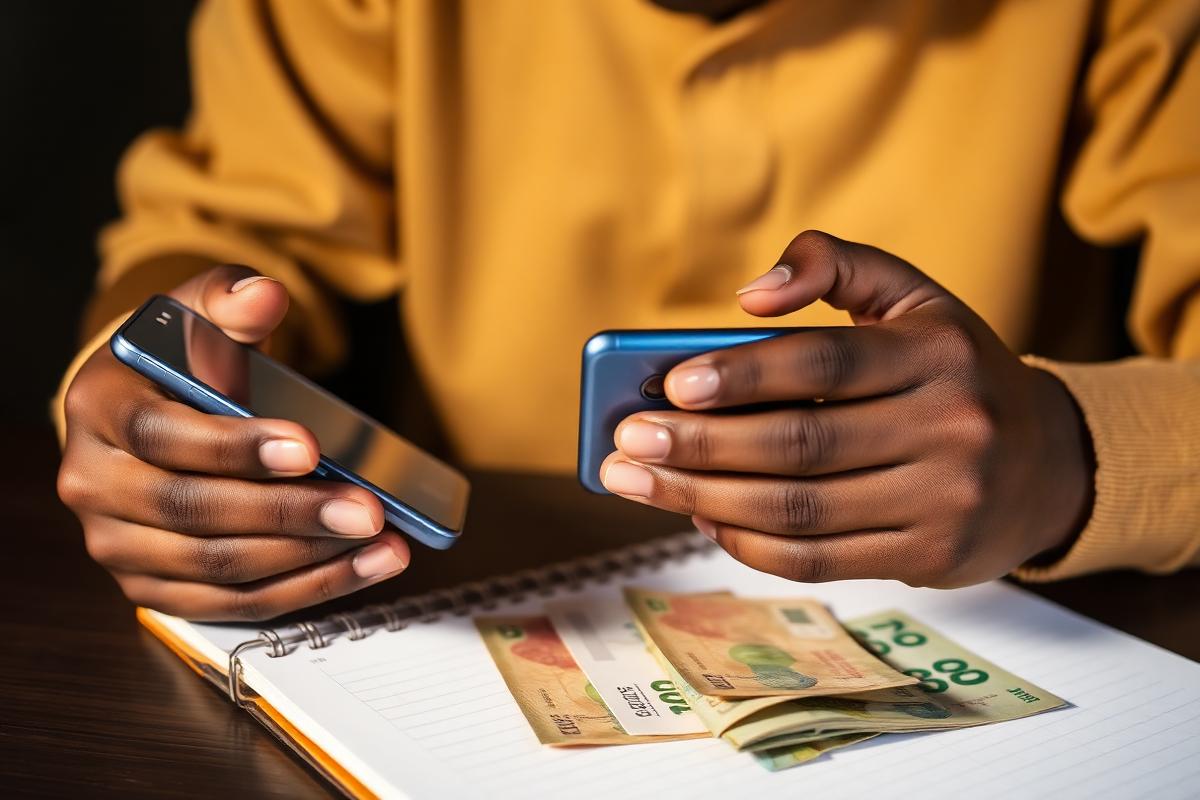 A young Ghanaian student checking a mobile money balance on a smartphone while budgeting with cash and a notebook.