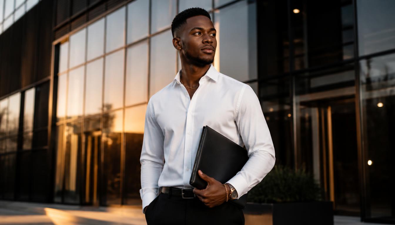 A confident young Ghanaian graduate dressed in business-casual attire holding a folder outside a modern office building, ready for NSS corporate posting.