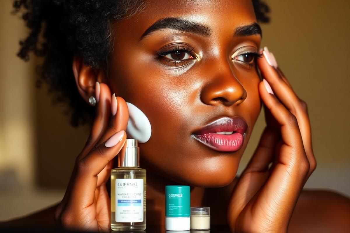 Skincare products including cleanser, moisturiser and sunscreen arranged beside a young woman with glowing skin.