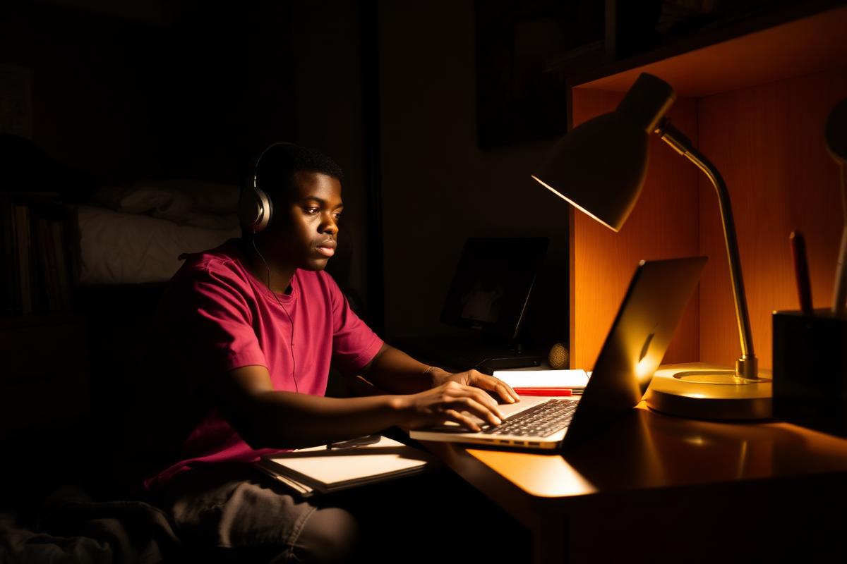 A compact student study desk with a laptop, notebook, desk lamp and headphones arranged for focused revision.